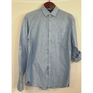 Ted Baker London Sz 4 Blue Linen Cotton Blend Roll Contrast Collar Shirt